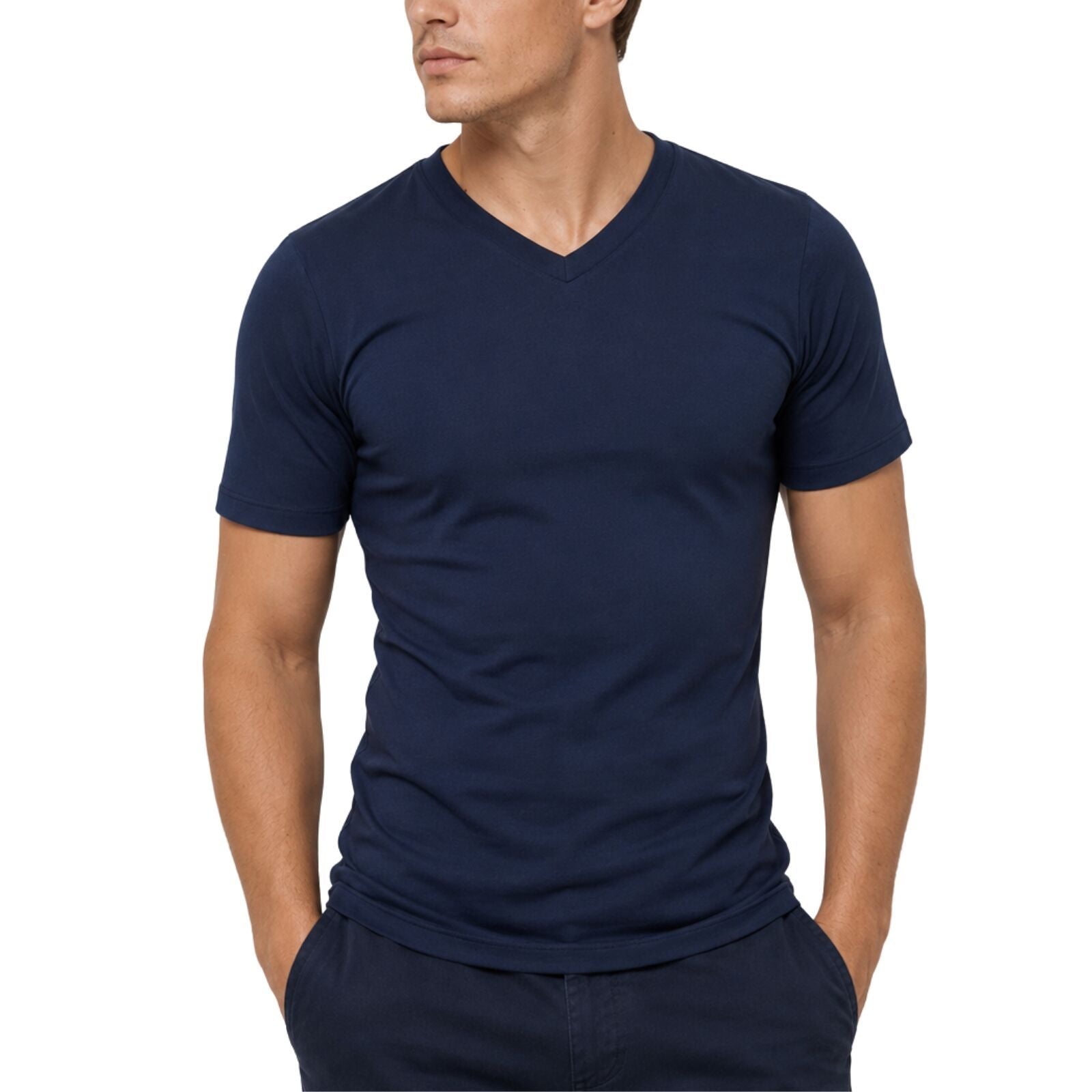 Thermo Fleece Mens 100% Pure Merino Wool V Neck Thermal Top Short Sleeve - Navy