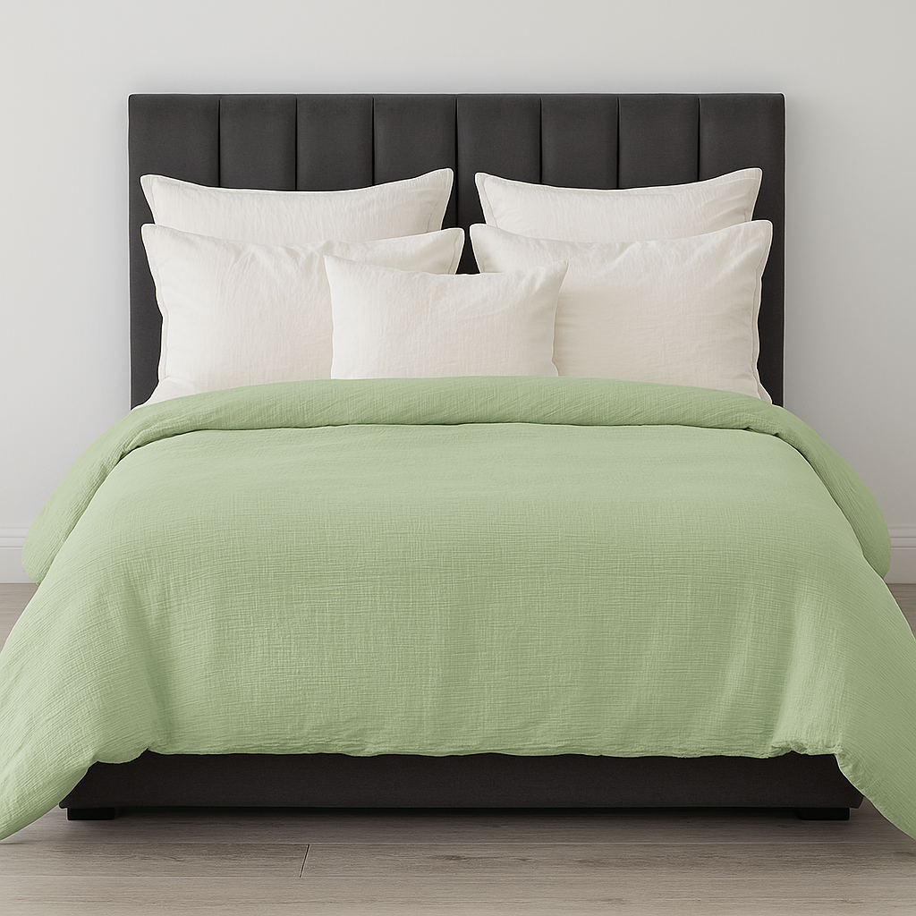 100% Cotton Muslin Duvet Quilt Cover Set w/ 2 Pillow Cases in Pastel Green - Super King