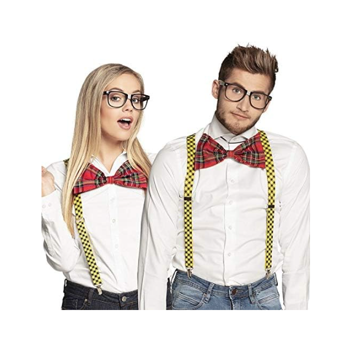 NERD COSTUME KIT Set Geek Glasses Fancy Dress Retro Funny Braces Bow Tie Party
