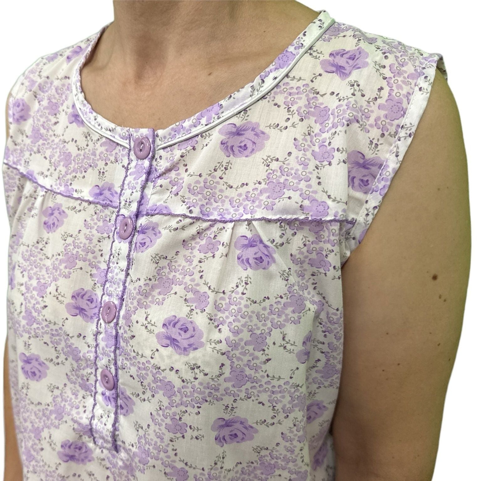Womens 100% Cotton Sleeveless Nightie Gown Night Dress Pyjamas PJ Pajamas Sleep - Lilac - 16
