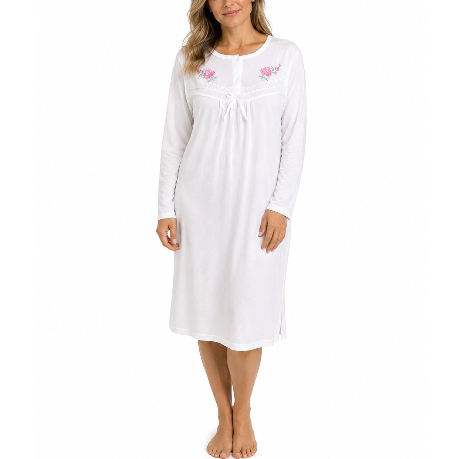 Womens Cotton Nightie Long Sleeve Night Gown Pyjamas Sleepwear Lace PJ - White