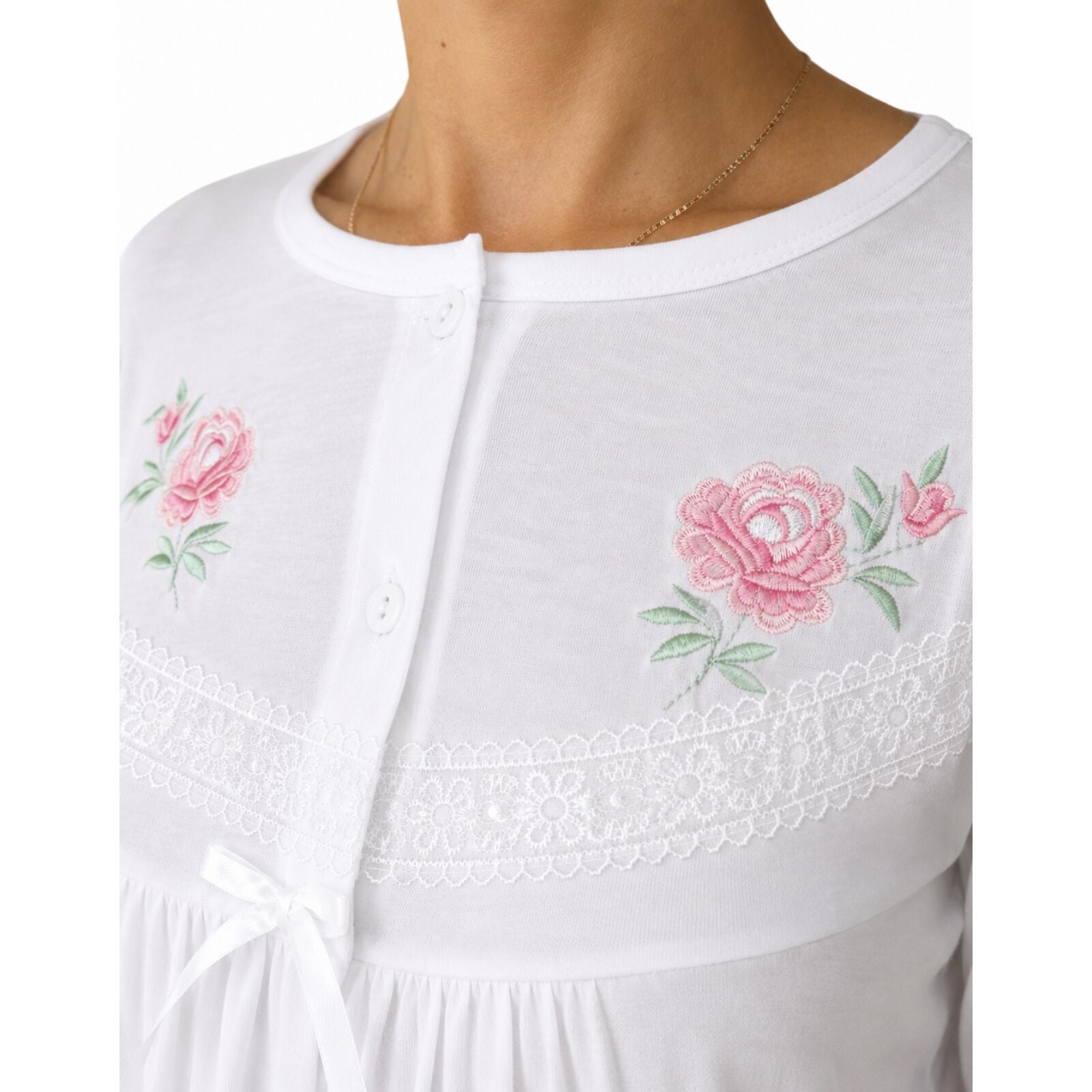 Womens Cotton Nightie Long Sleeve Night Gown Pyjamas Sleepwear Lace PJ - White