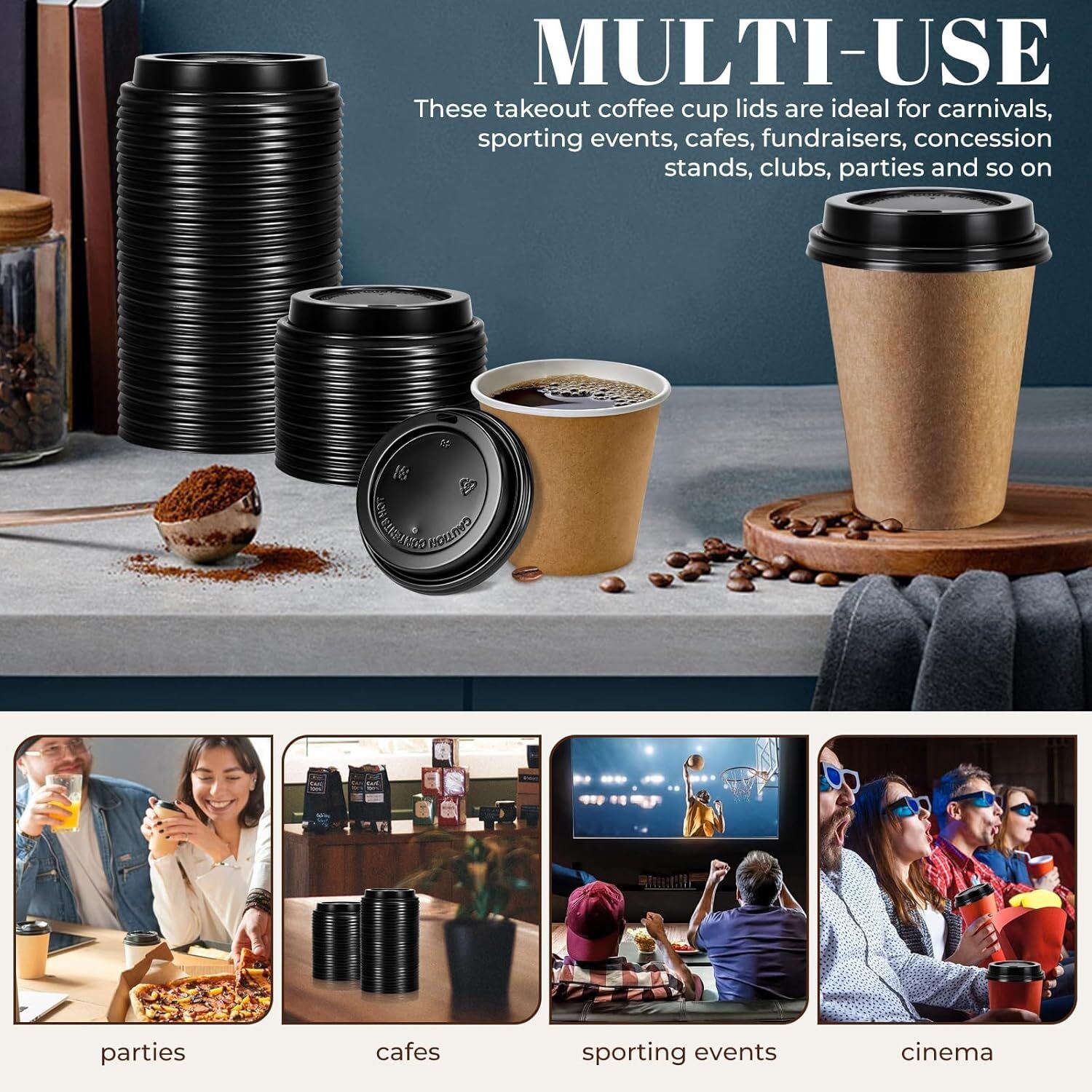 1000x 90mm Plastic Coffee Cup Lids for 12oz / 16oz Cups Dome Style - Black
