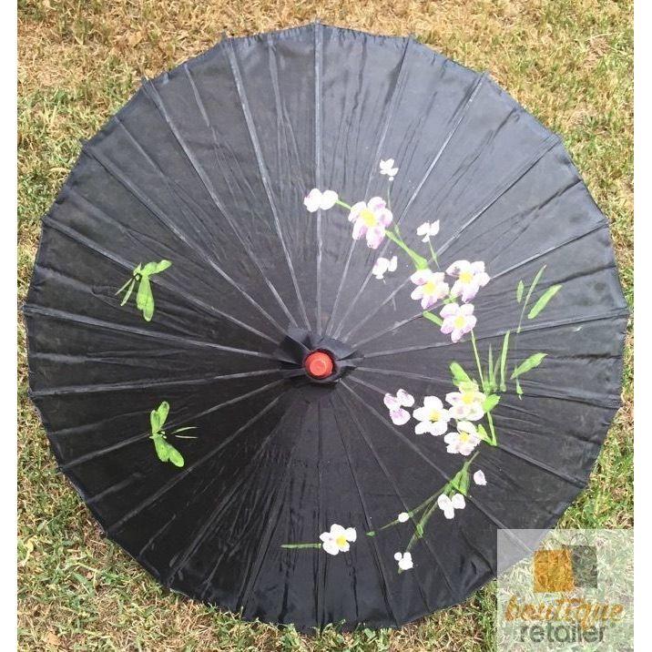 PARASOL UMBRELLA Chinese Japanese Bamboo Flower Pattern Fabric 80cm Diameter - Black