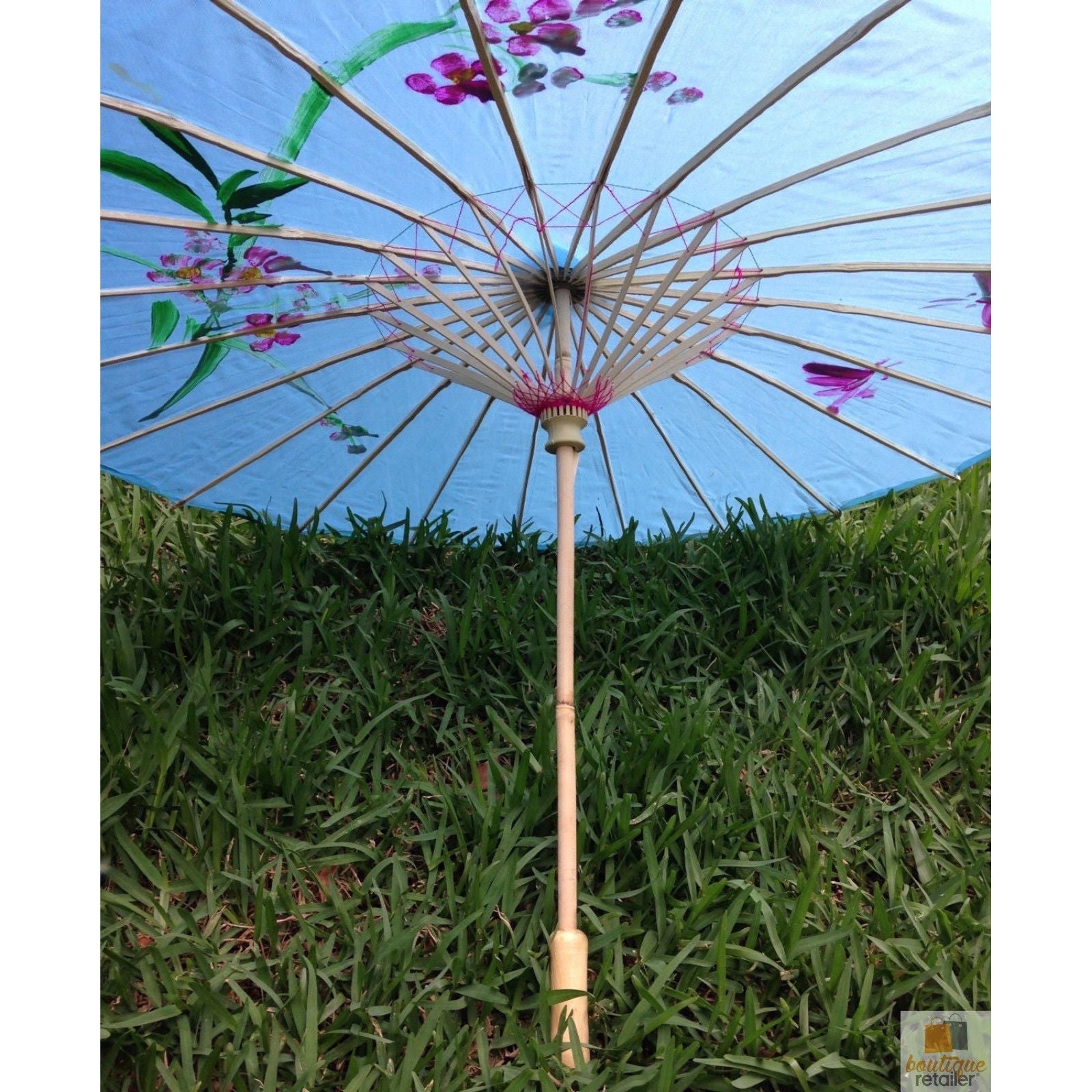 PARASOL UMBRELLA Chinese Japanese Bamboo Flower Pattern Fabric 80cm Diameter - Sky Blue