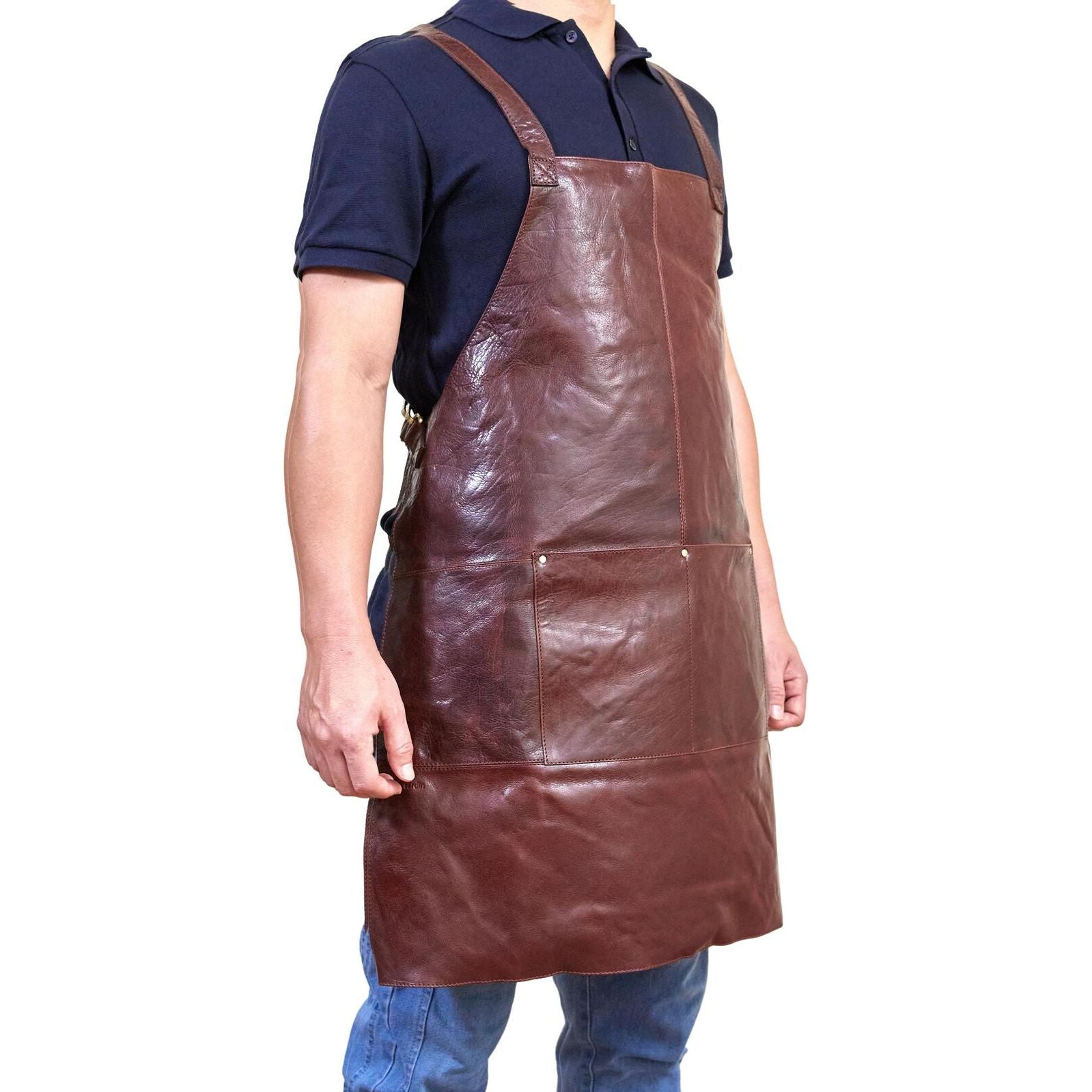 Pierre Cardin Professional Leather Apron Butcher Woodwork Hairdressing Barber Chef - Chestnut