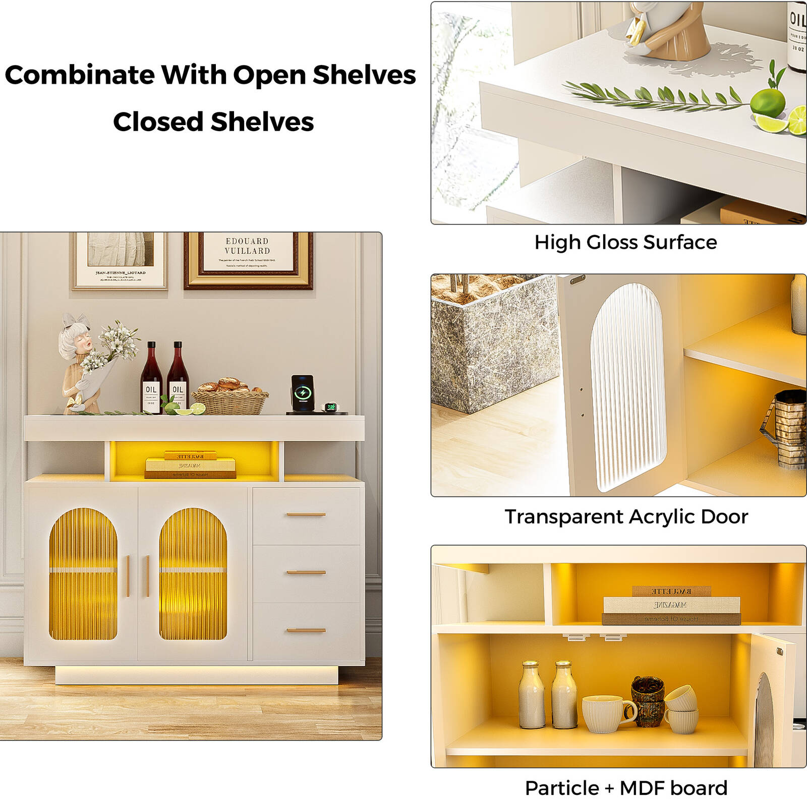 Buffet Sideboard Cabinet With RGB LED Light and Charging Station Console Coffee Bar White