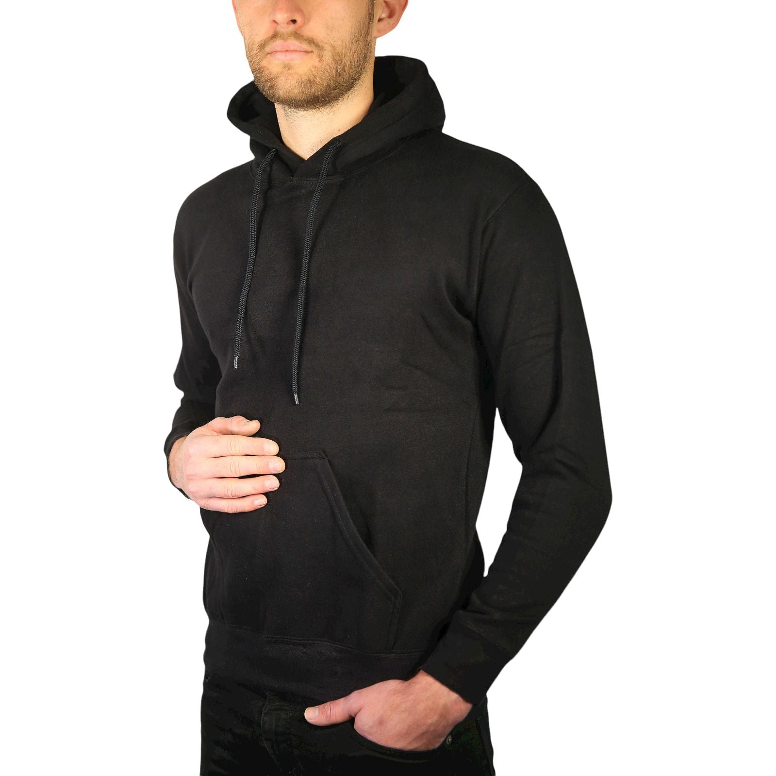 Adult Mens 100% Cotton Fleece Hoodie Jumper Pullover Sweater Warm Sweatshirt - Black - S