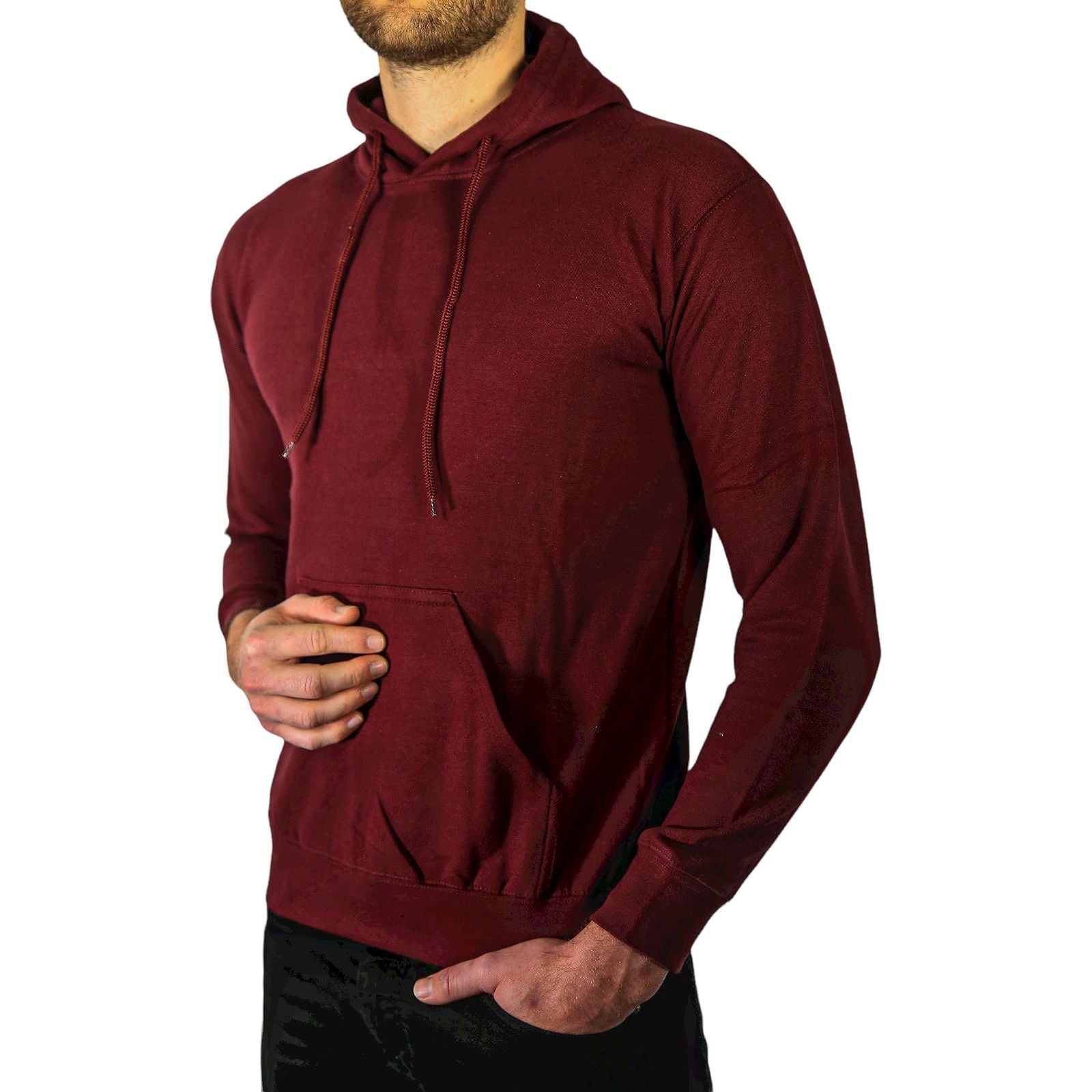 Adult Mens 100% Cotton Fleece Hoodie Jumper Pullover Sweater Warm Sweatshirt - Maroon/Burgundy - M