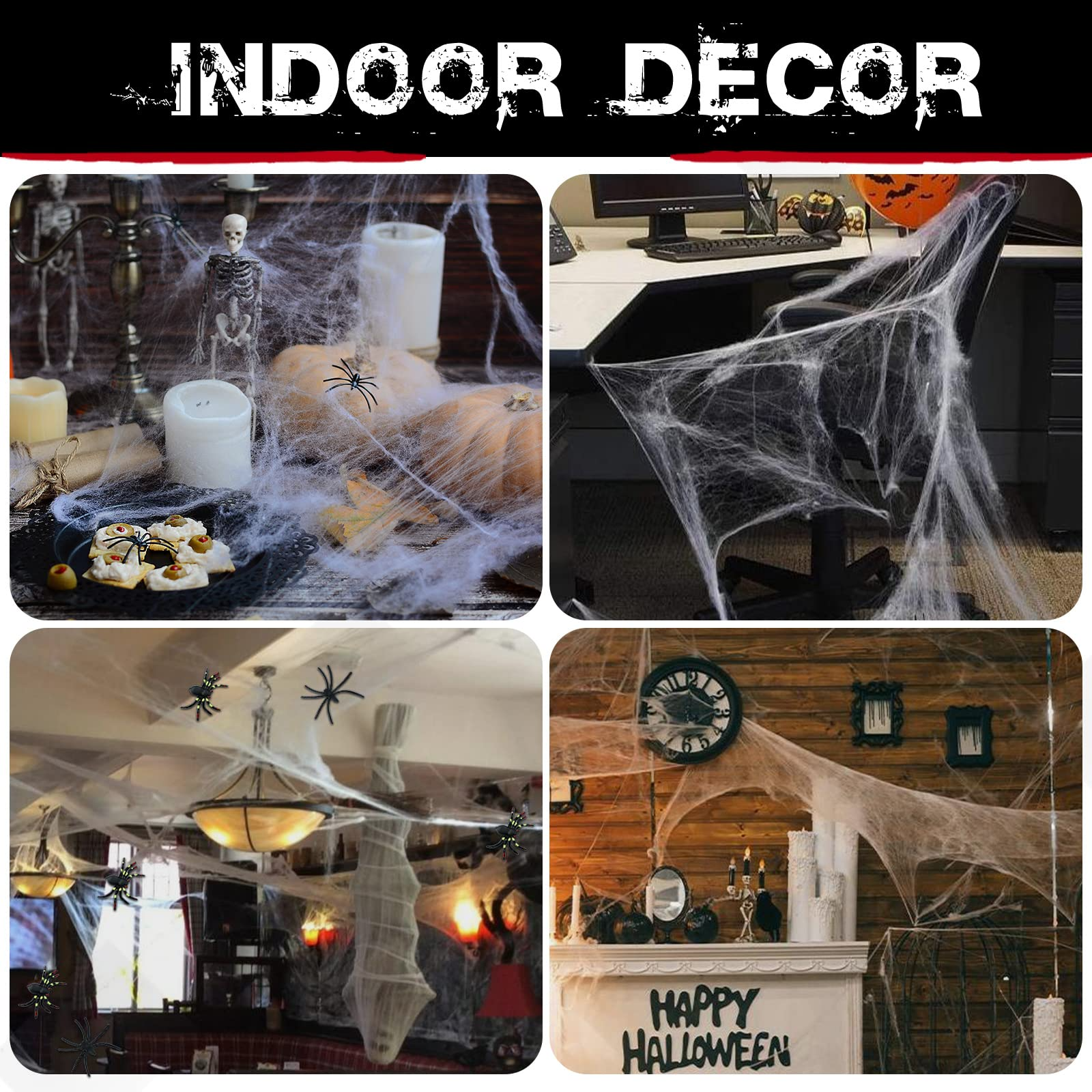 6x HALLOWEEN STRETCHABLE SPIDER WEBS Spooky Decoration with Spiders Party Decor Ghost