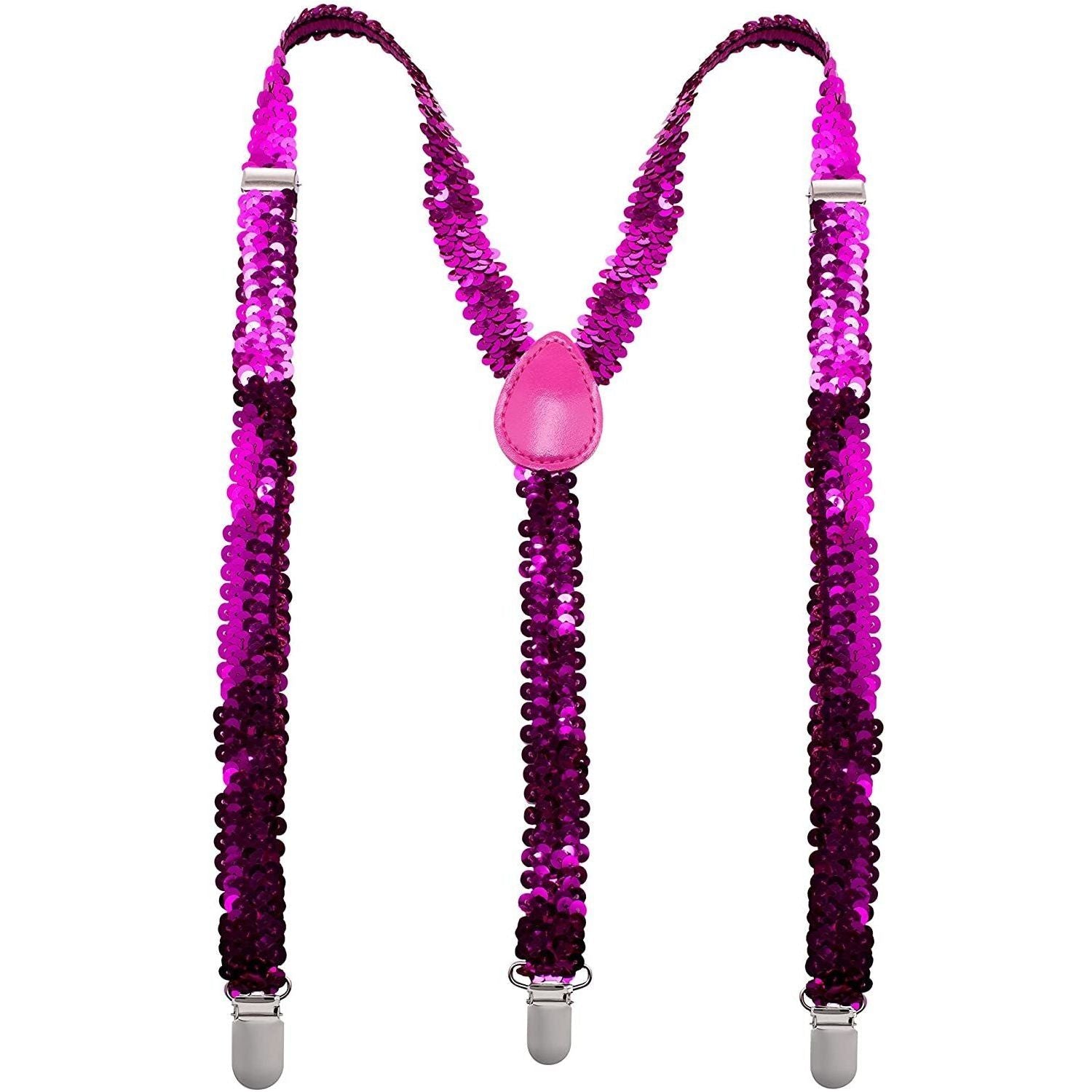 SEQUIN SUSPENDERS Unisex Adjustable Braces Clip On Elastic Y-Back - Hot Pink