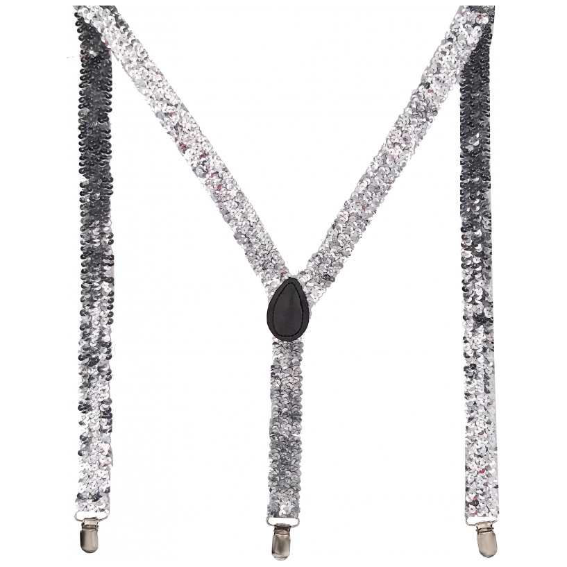 SEQUIN SUSPENDERS Unisex Adjustable Braces Clip On Elastic Y-Back - Silver