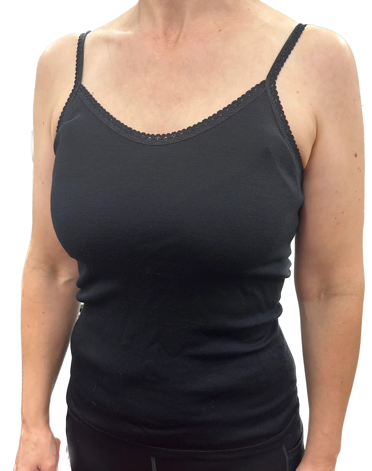 Thermo Fleece Ladies Pure Wool Camisole w Lace Thermal Thermals Top Singlet - Black
