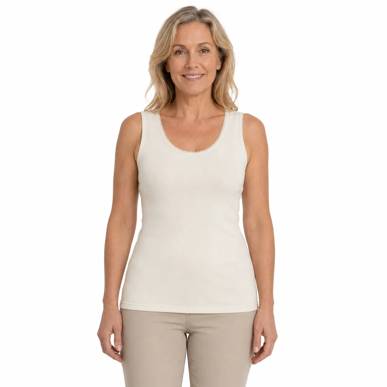Thermo Fleece Womens Merino Wool Blend Thermals Scoop Neck Tank Top w/ Lace- Natural