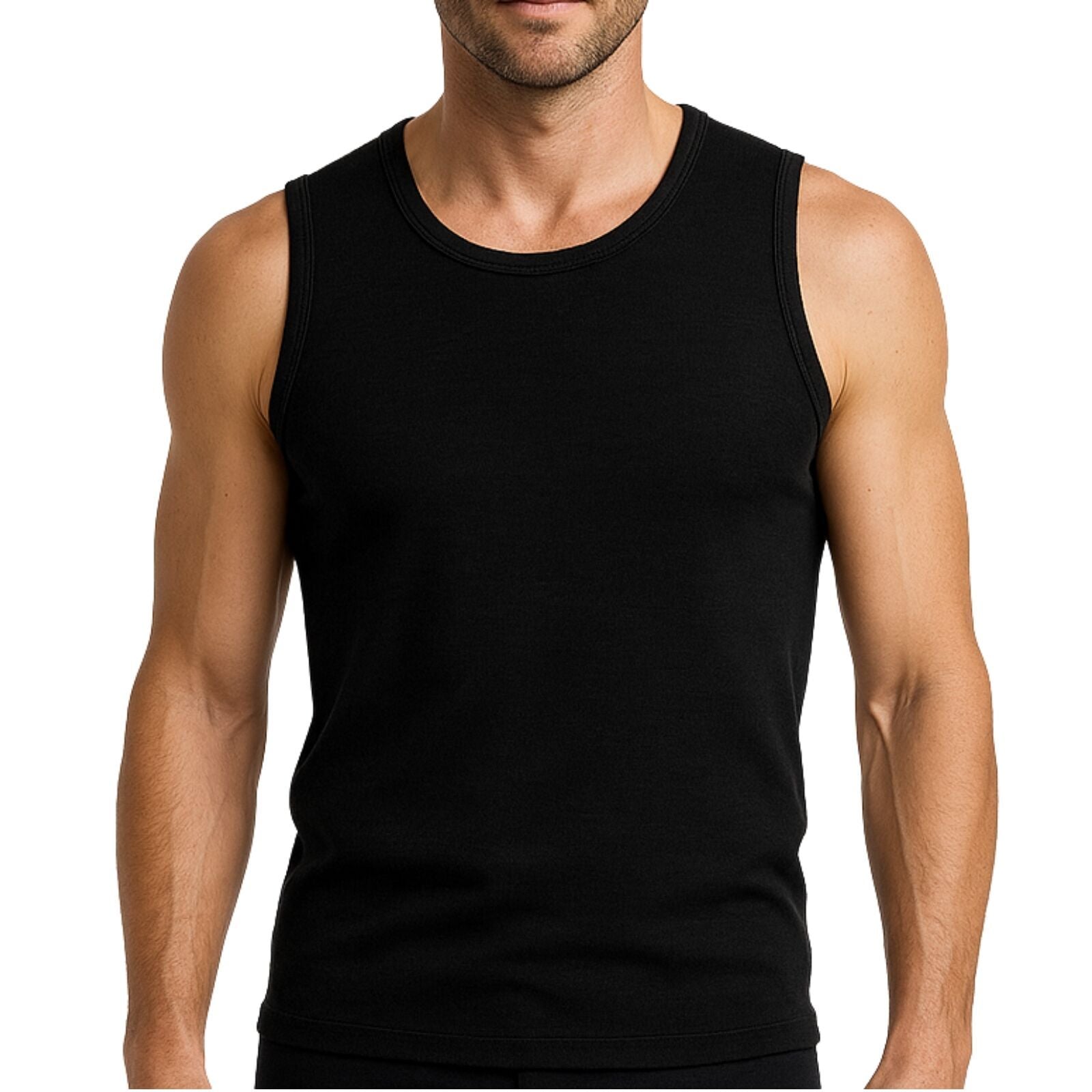 Thermo Fleece Mens 100% Pure Merino Wool Singlet Thermal Underwear - Black