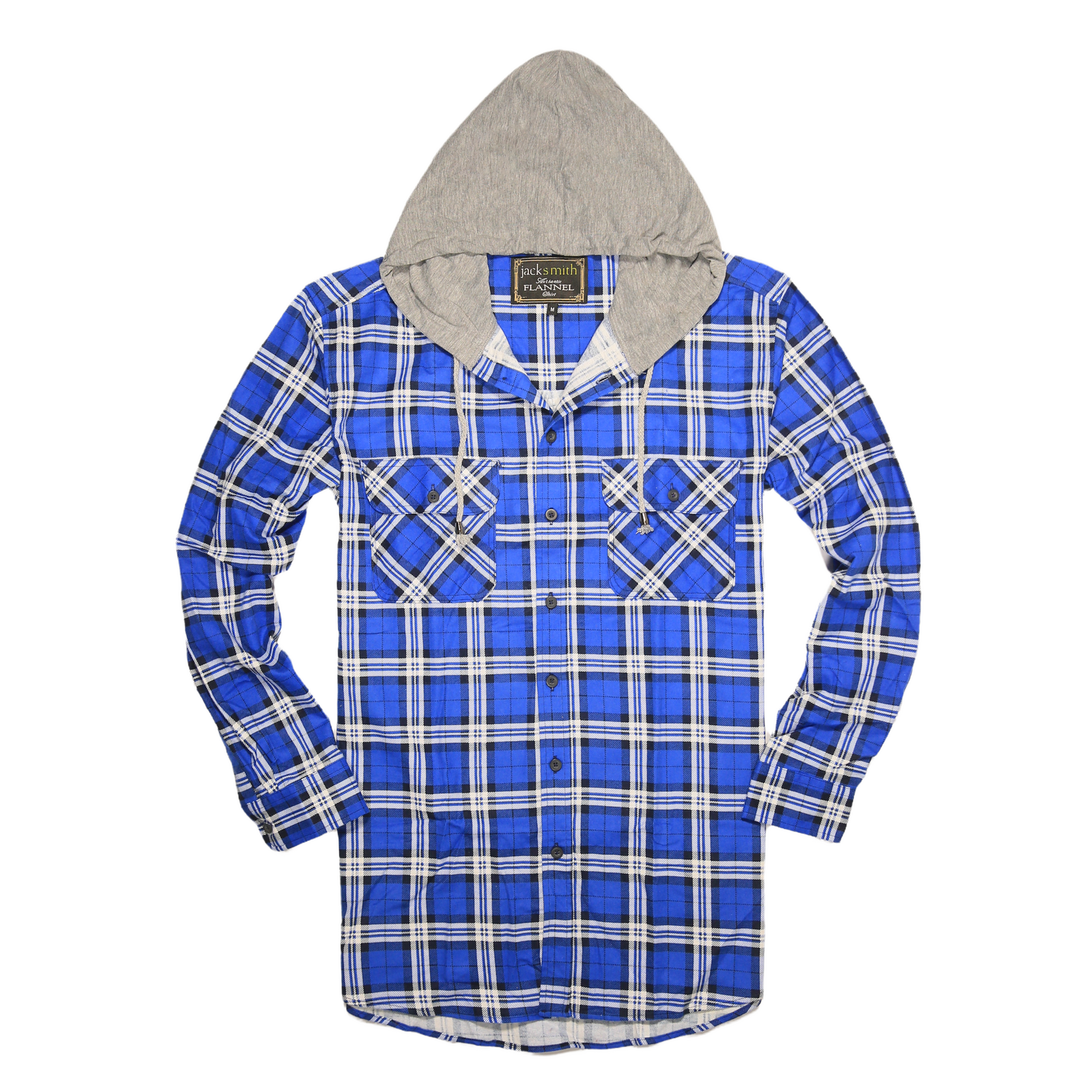 Mens Cotton Flannelette Shirt w Jersey Hood Long Sleeve Flannel - Spanish Blue - L