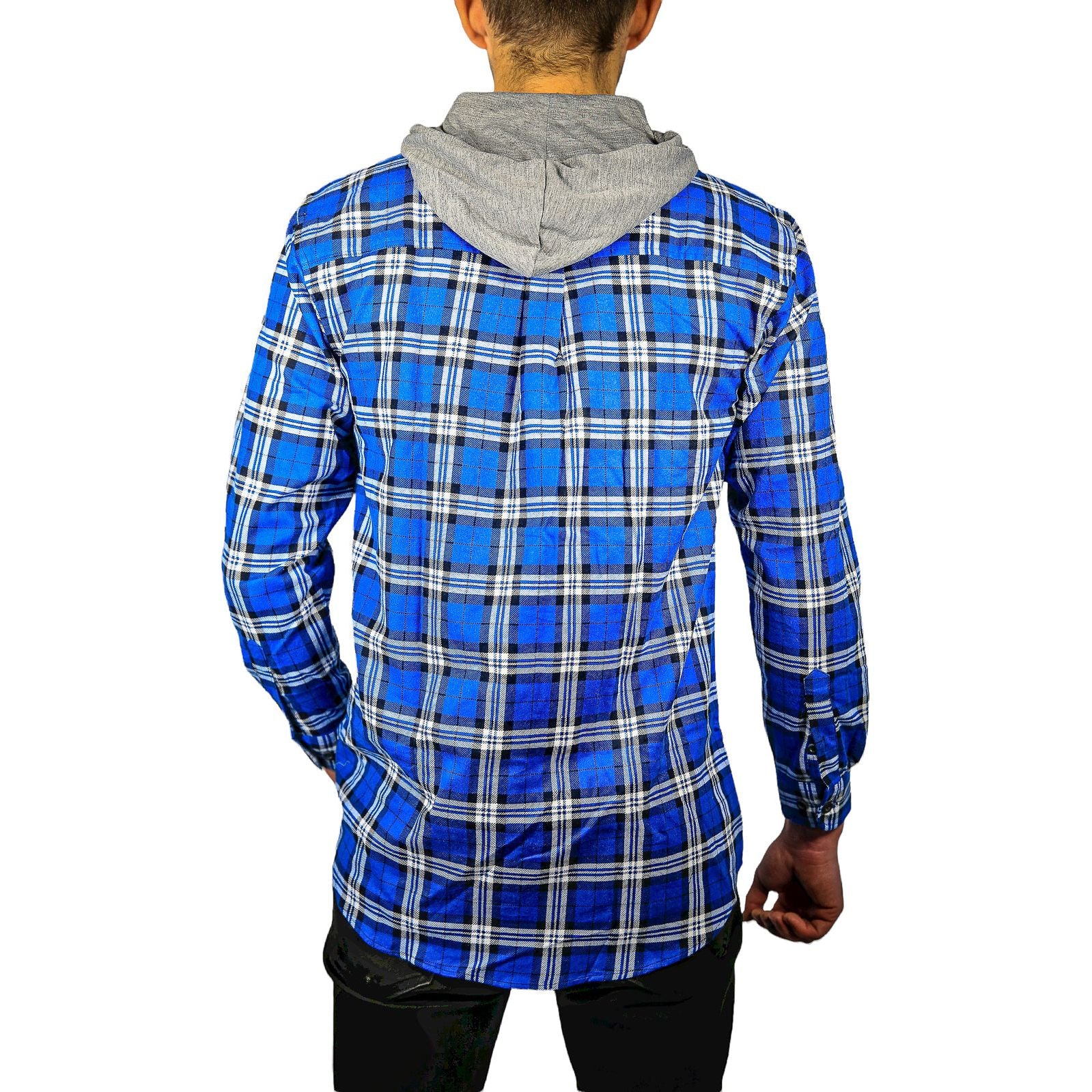 Mens Cotton Flannelette Shirt w Jersey Hood Long Sleeve Flannel - Spanish Blue - XL