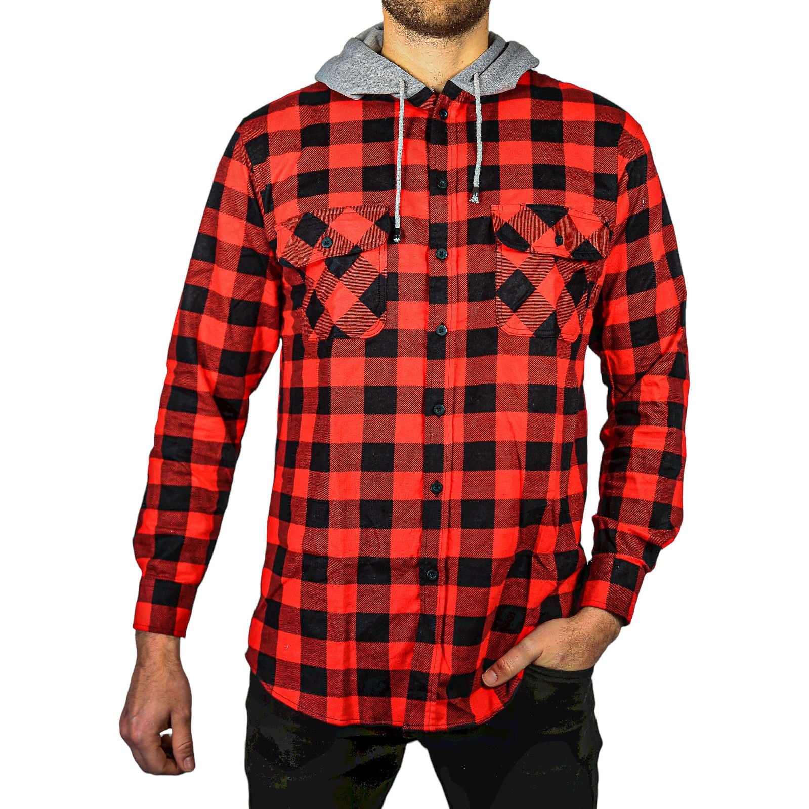 Mens Cotton Flannelette Shirt w Jersey Hood Long Sleeve Flannel - Red/Black - M
