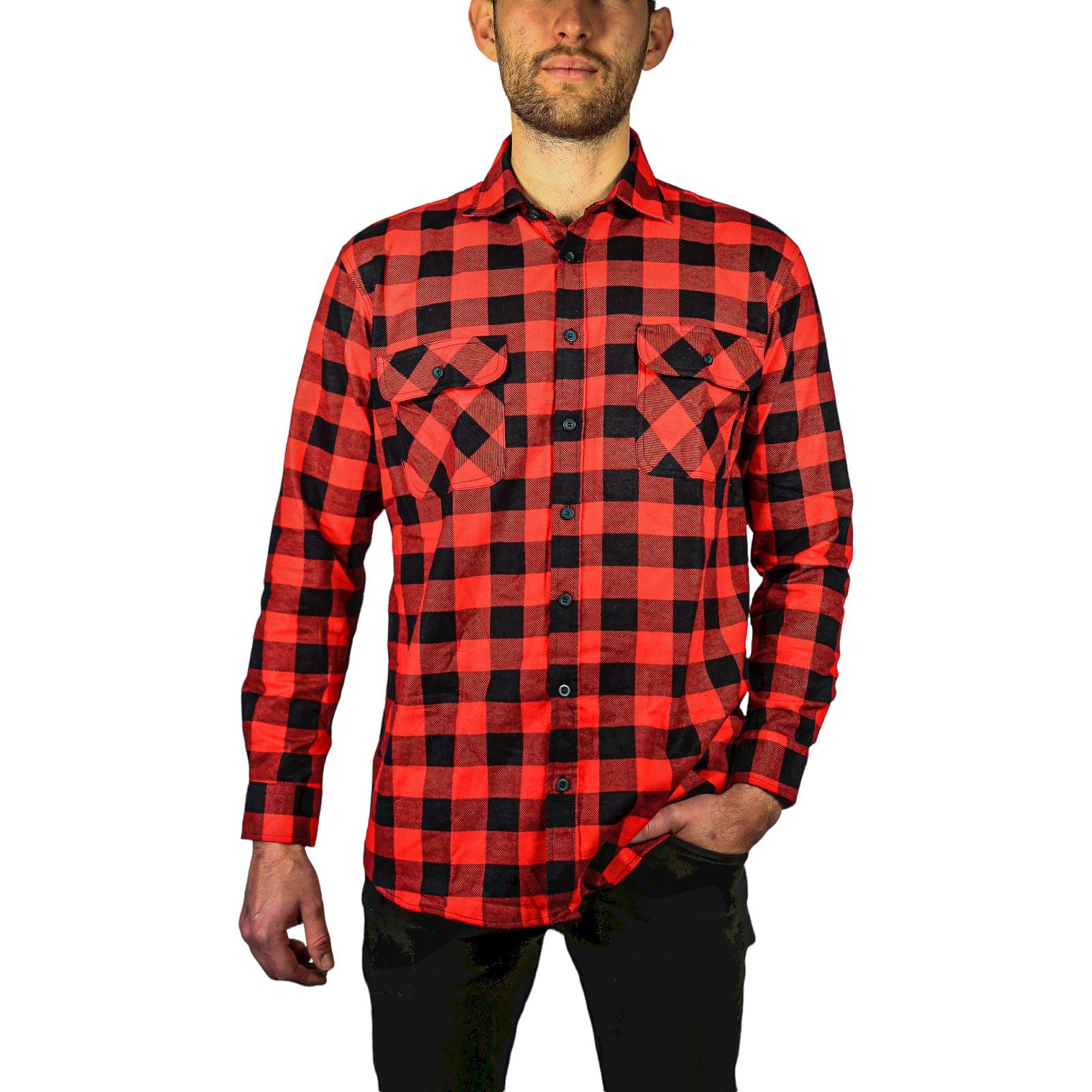 Jacksmith Quilted Flannelette Shirt Mens Jacket 100% Cotton Padded Warm Winter Flannel - Red/Black - 5XL