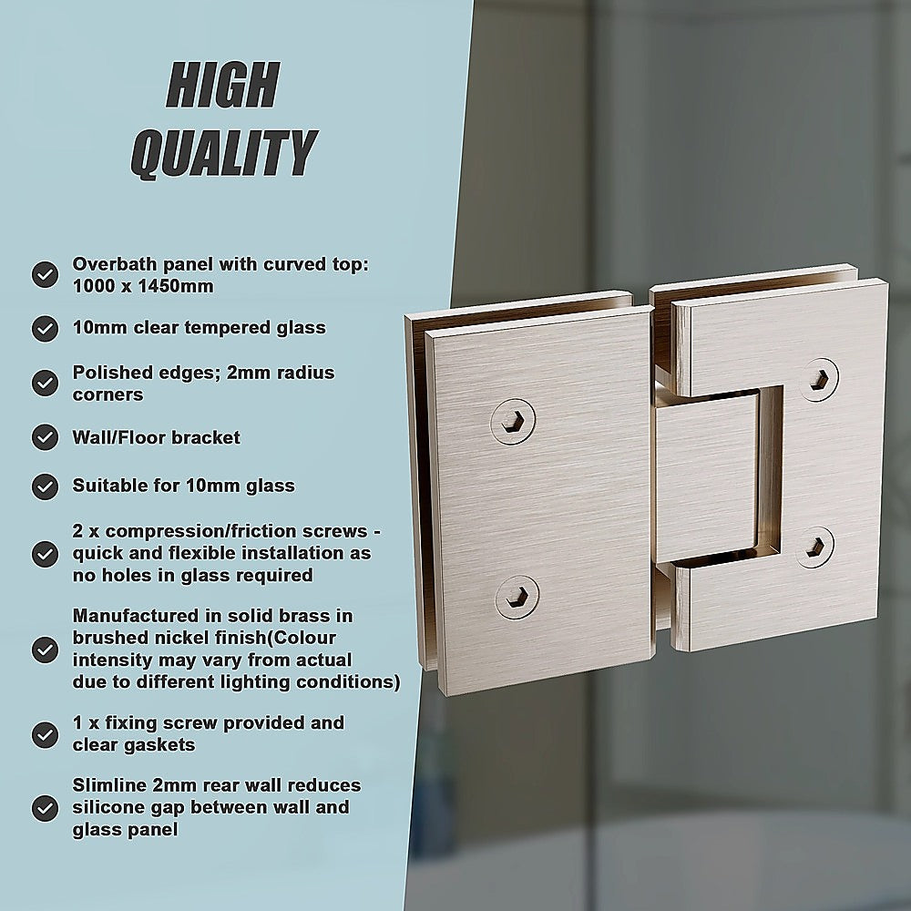 100cm Frameless Glass Bath Screen with Brass Brackets - Nickel