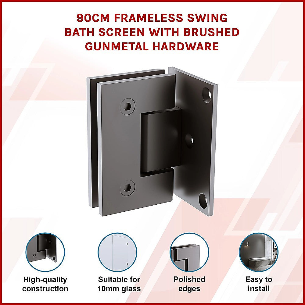 90cm Frameless Swing Bath Screen with Brushed Gunmetal Hardware