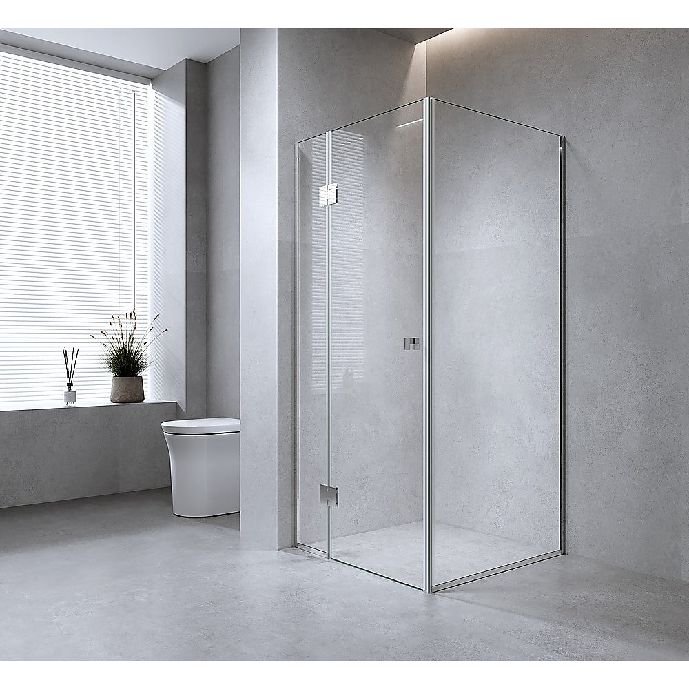 110x80cm Corner Frameless Shower Screen with White Channel and SS Hinges, Square Knob Handle