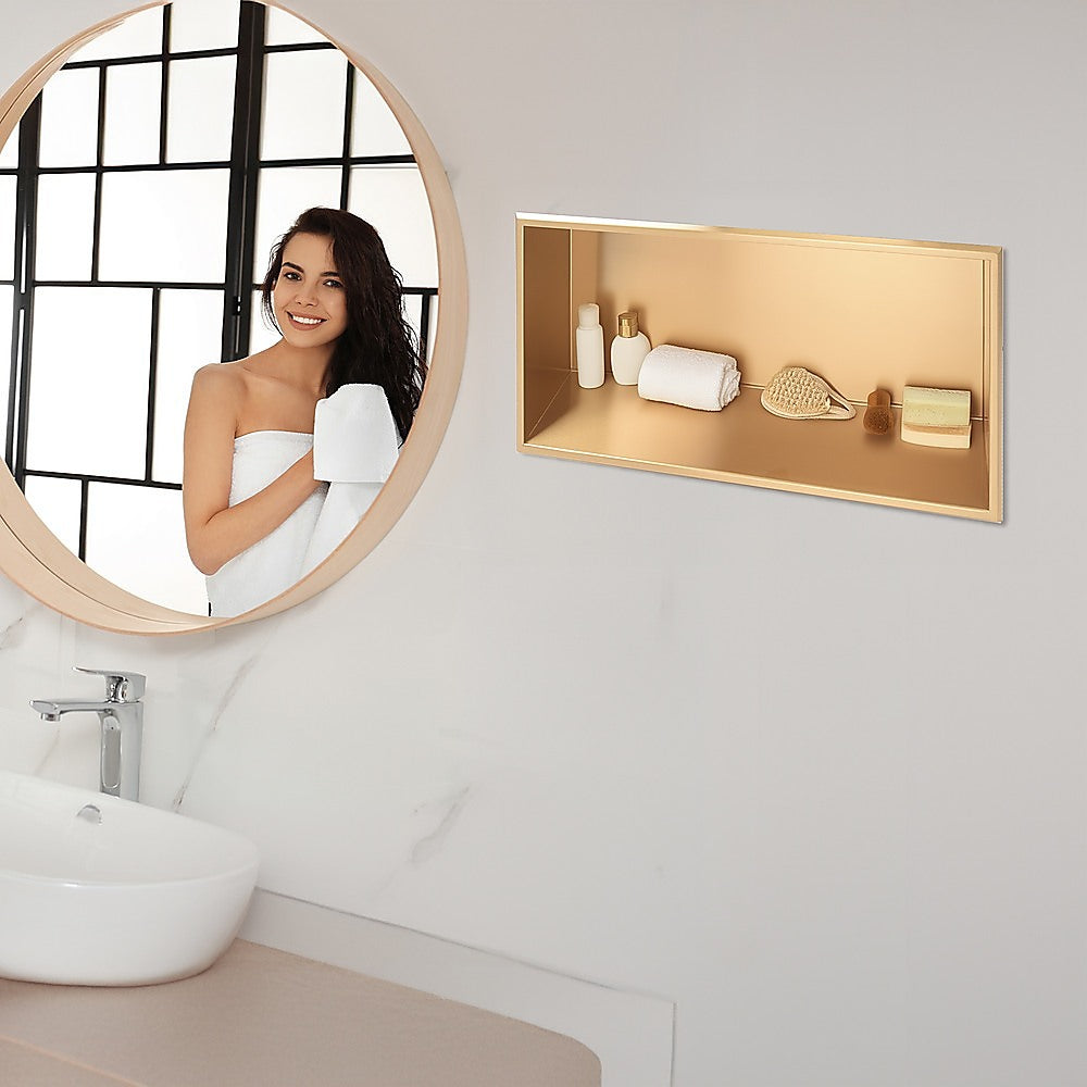 641 x 336 x 101mm Shower Niche Single Shelf Organizer No Tile Needed in Gold