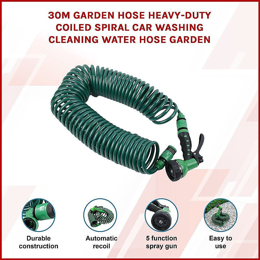 30M Garden Hose Heavy-Duty Coiled Spiral Car Washing Cleaning Water Hose Garden