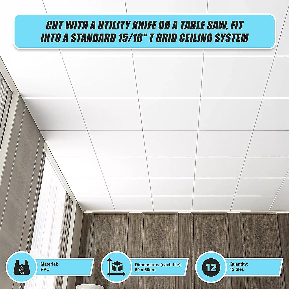12x Smooth Drop Ceiling Tile 2ft x 2ft PVC Ceiling Panel