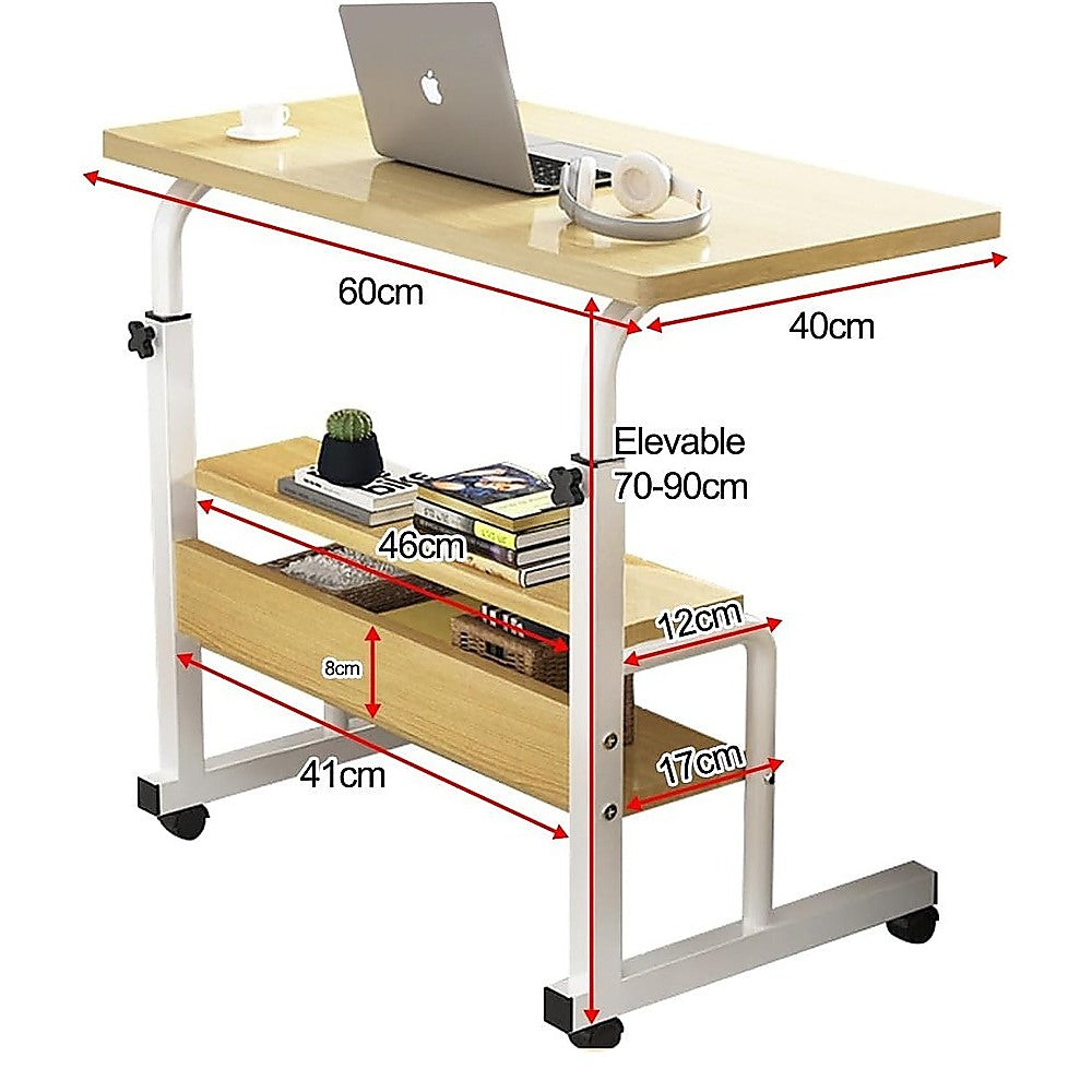 Height Adjustable Rolling Overbed Table – 60cm Mobile Computer & Study Desk on Wheels