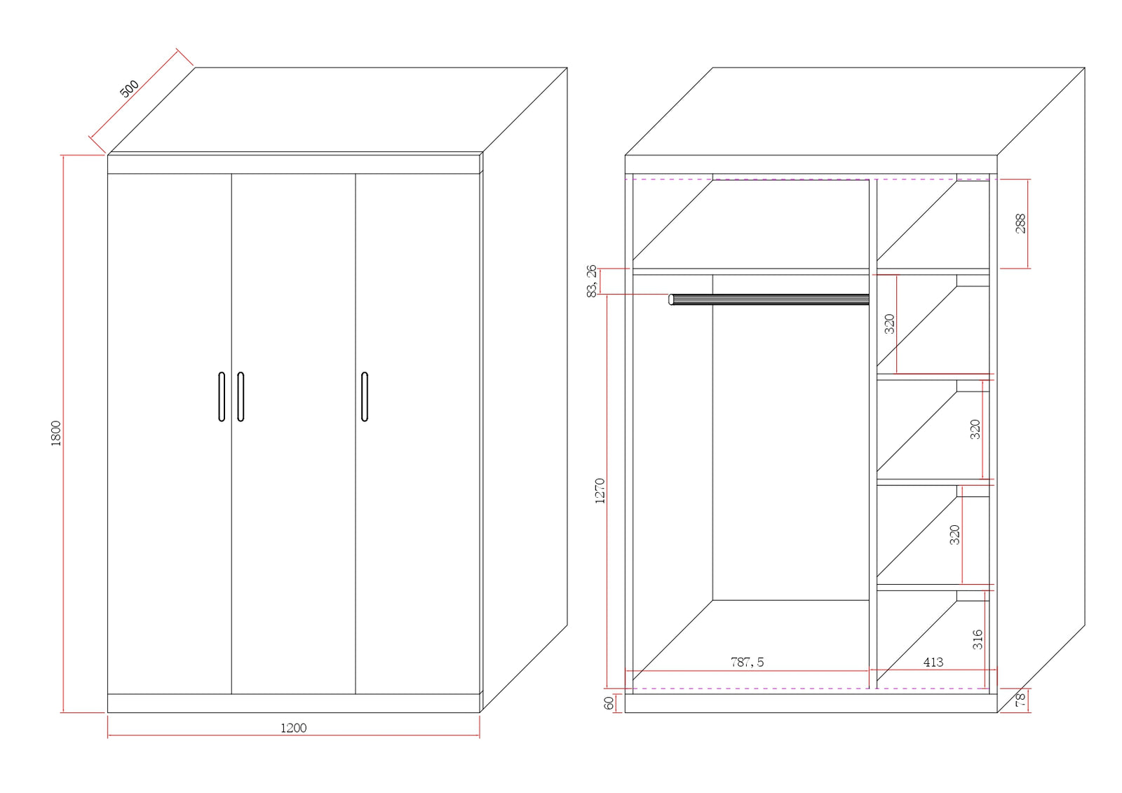 3 Door White Gloss Wardrobe – White Handles, Hanging Rail & Shelves