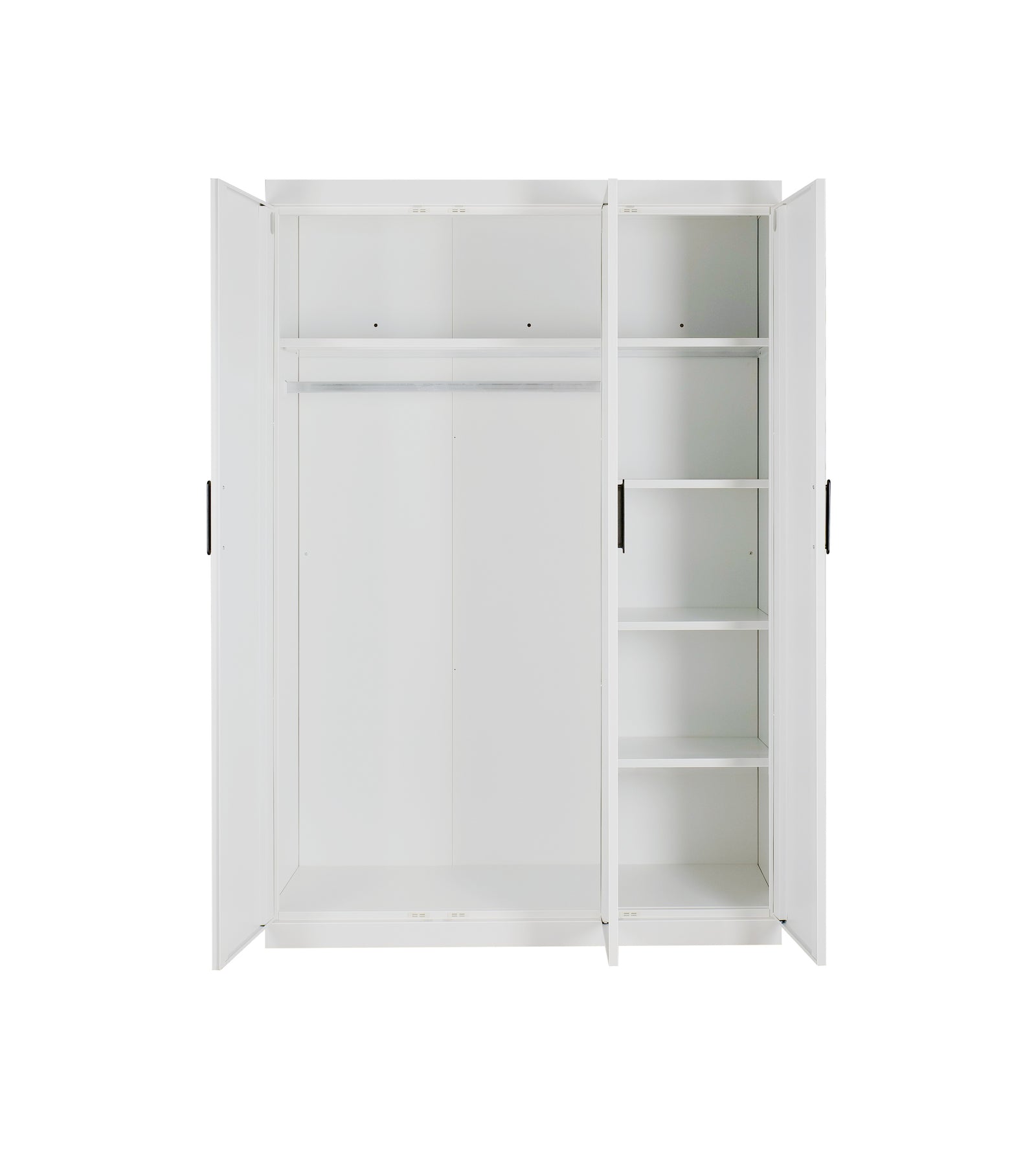 3 Door White Gloss Wardrobe – Black Handles, Hanging Rail & Shelves