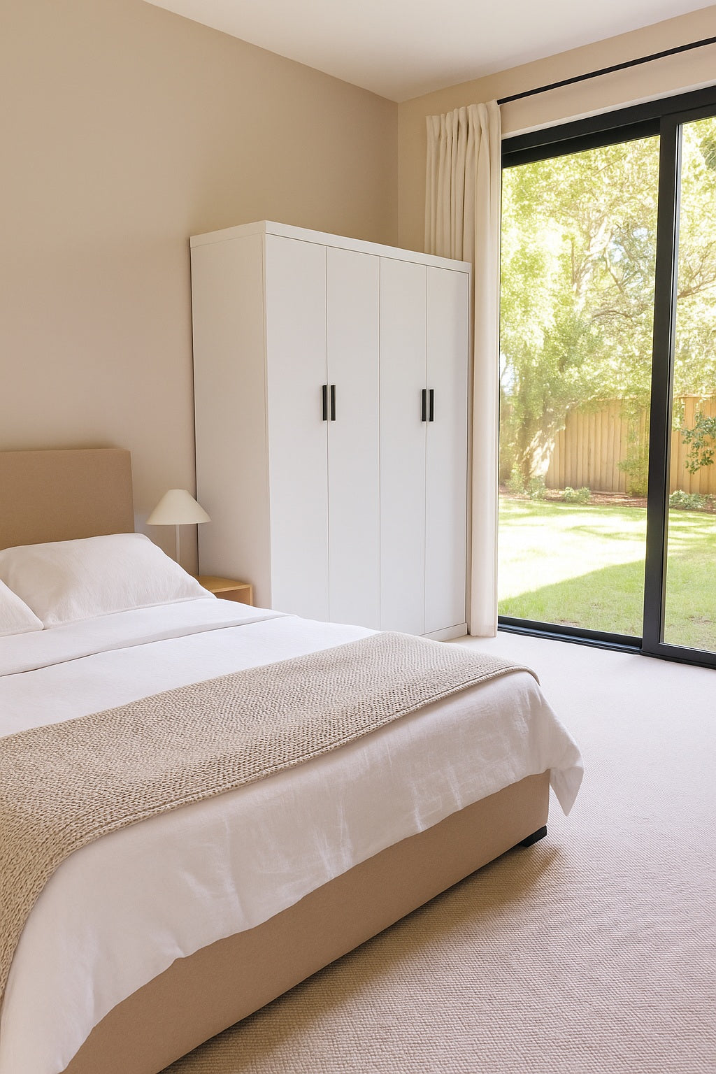 4 Door Wardrobe in White Gloss – Hanging Rail, Shelves & Black Handles