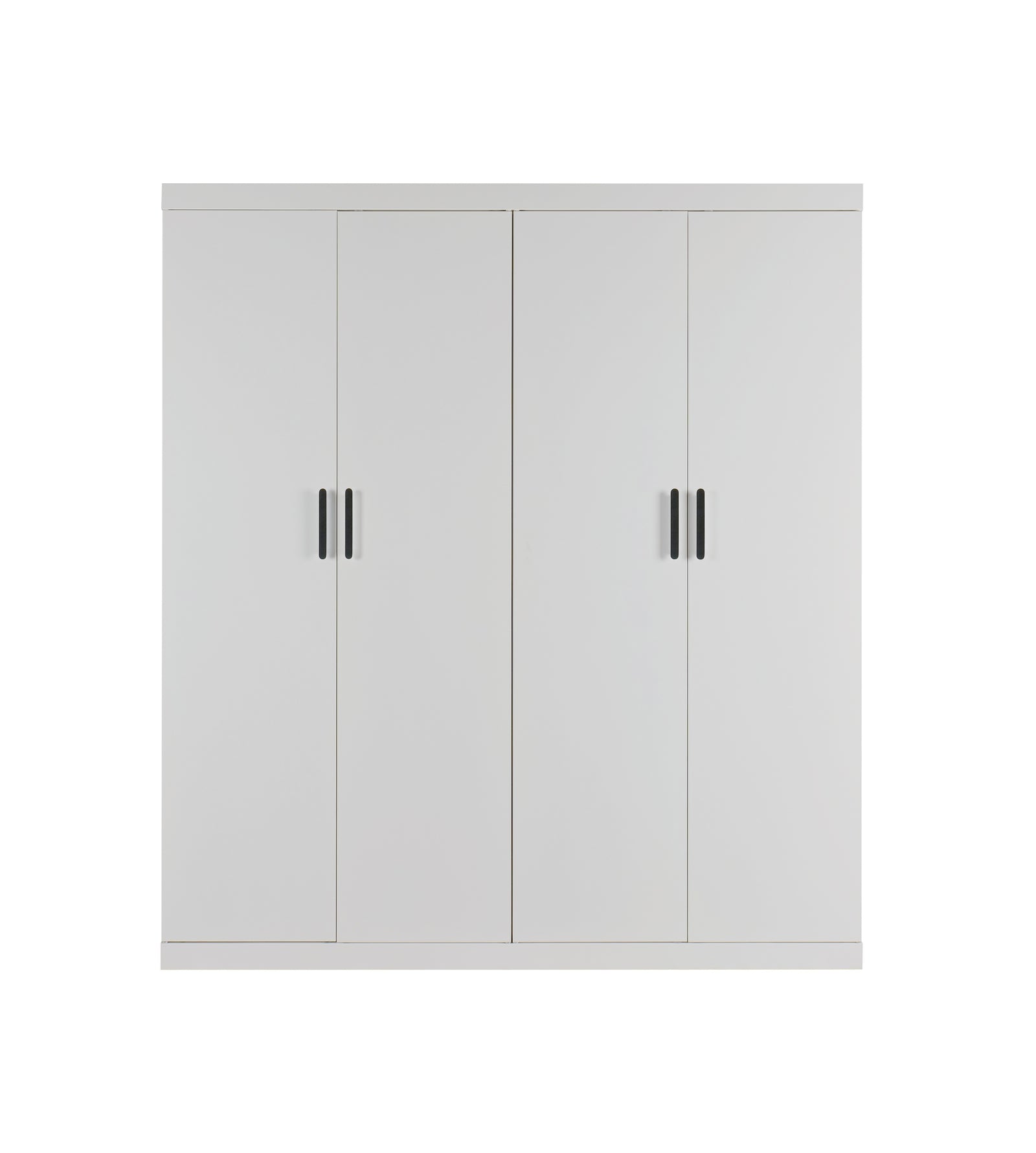4 Door Wardrobe in White Gloss – Hanging Rail, Shelves & Black Handles