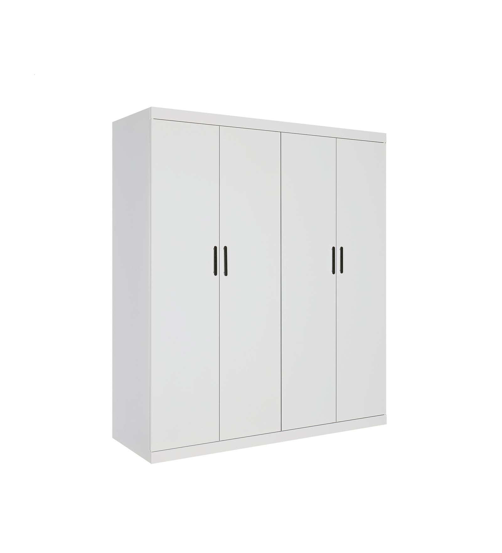 4 Door Wardrobe in White Gloss – Hanging Rail, Shelves & Black Handles