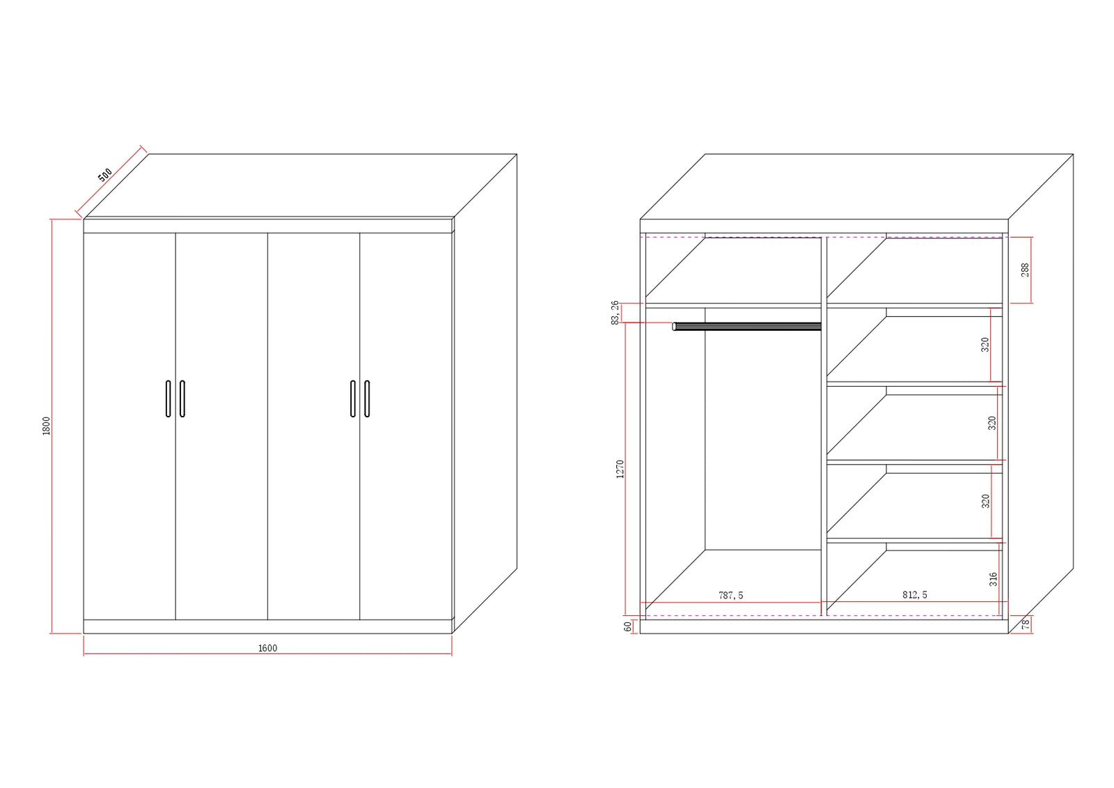 4 Door Wardrobe in White Gloss – Hanging Rail, Shelves & Black Handles