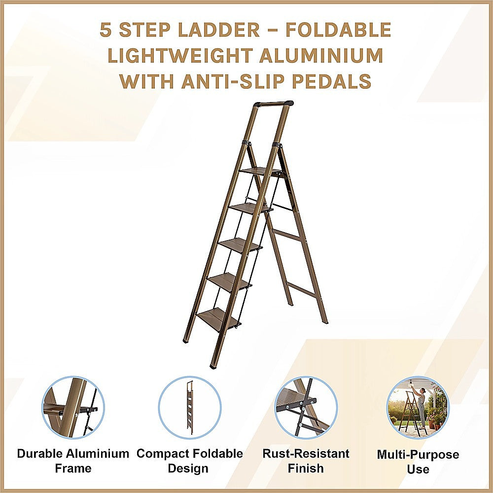 5 Step Ladder – Foldable Lightweight Aluminium with Anti-Slip Pedals