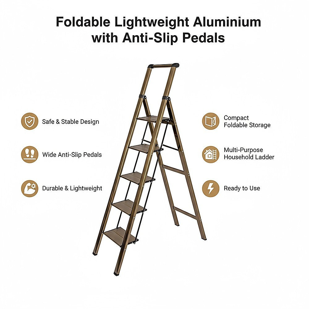 5 Step Ladder – Foldable Lightweight Aluminium with Anti-Slip Pedals