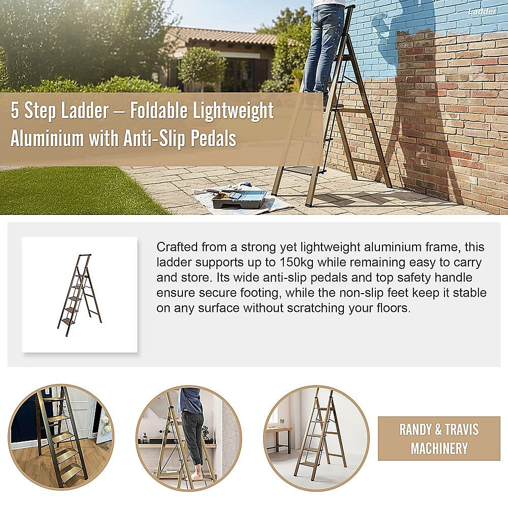 5 Step Ladder – Foldable Lightweight Aluminium with Anti-Slip Pedals