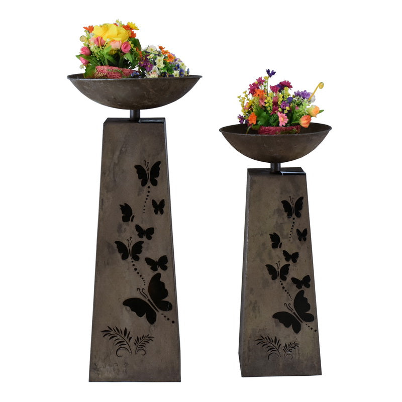 Set 2 Nested Butterfly Pillar Planters w Solar Led Lights 82cm, 68cm