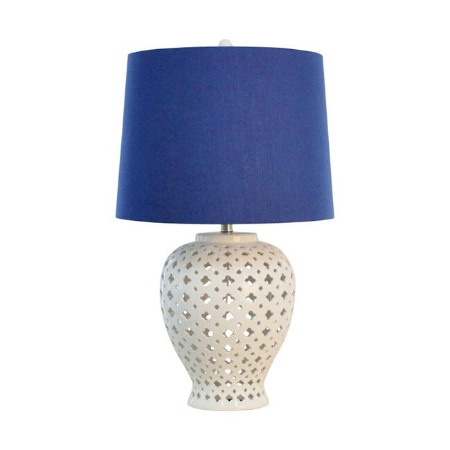 Lattice Tall White Table Lamp w Blue Shade 69cm