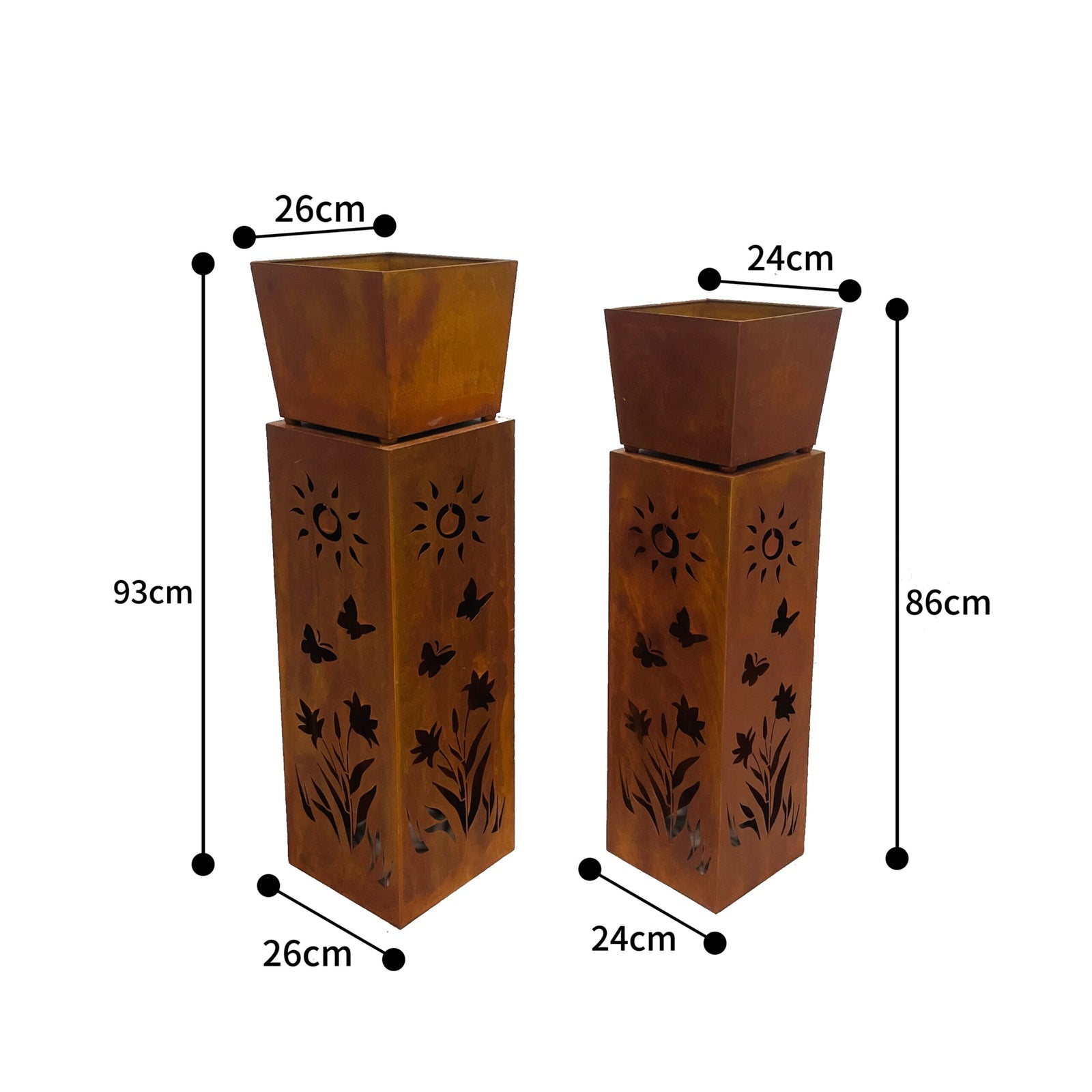 Set 2 Nested Square Pilla Rust 'Sunsihine' Planters 93cm, 86cm