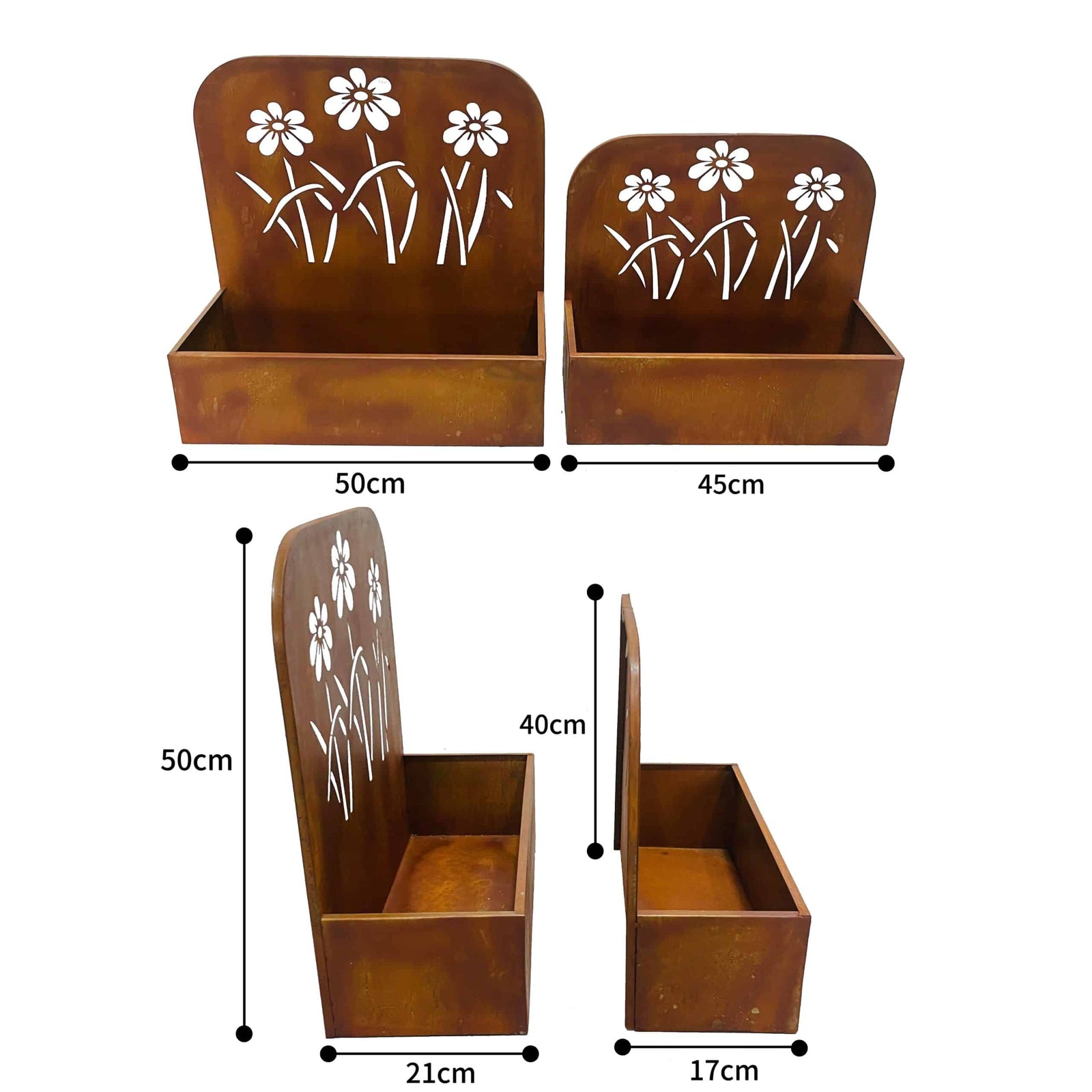 Set 2 Nested Rust 'Flowers' Wall / Floor Planters 50cm, 45cm