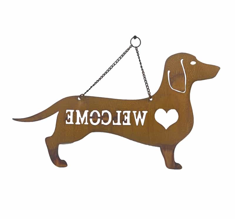 Hanging Laser Cut Welcome Dog w Heart 29cm