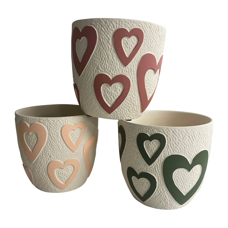 Set 3 Assorted Colour Heart Planters w Hole + Plug 13cm