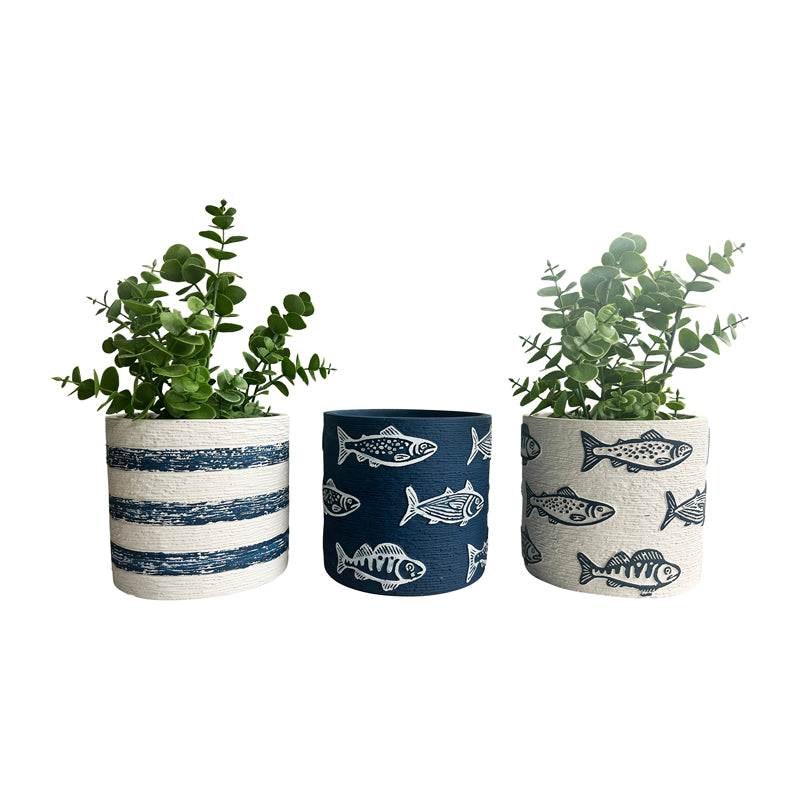Set 3 Assorted Fish / Stripe Planters w Hole + Plug 14cm