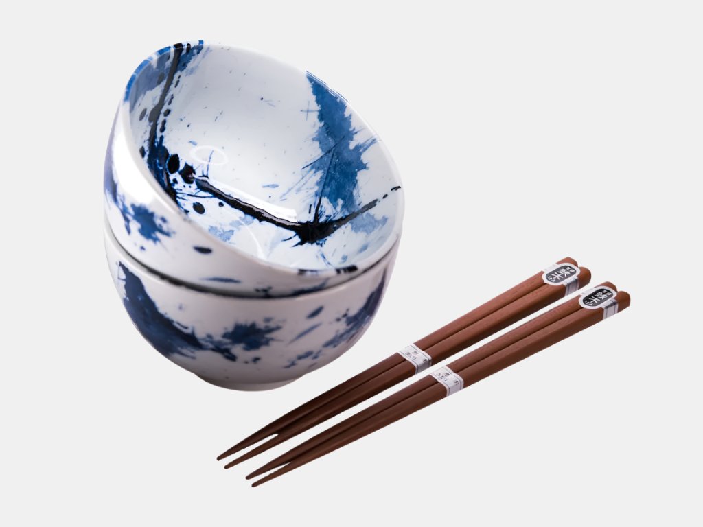 Bowl Set 2pcs with Chopsticks Blue White Splash Design