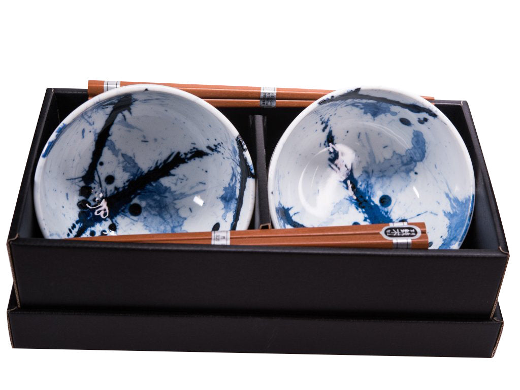 Bowl Set 2pcs with Chopsticks Blue White Splash Design
