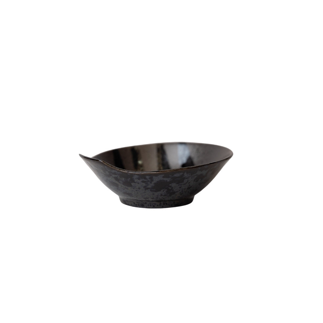 Bowl with Handle 13cm Black Stripes On Gunmetal Glaze