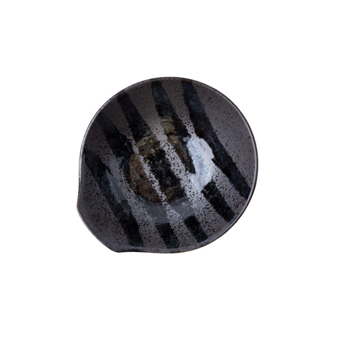 Bowl with Handle 13cm Black Stripes On Gunmetal Glaze